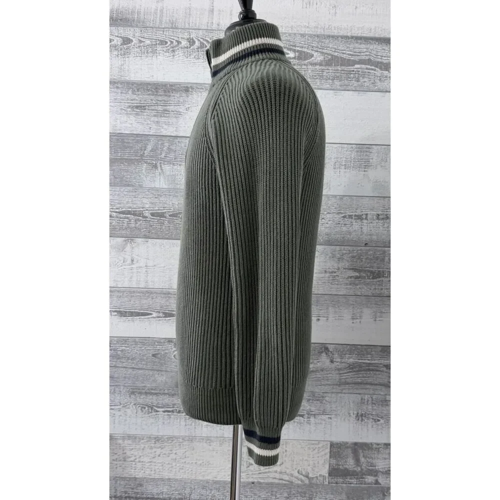 J CREW Knit Sweater Men M Green Ribbed Half-Zip Varsity Stripe Trim Cotton BC592